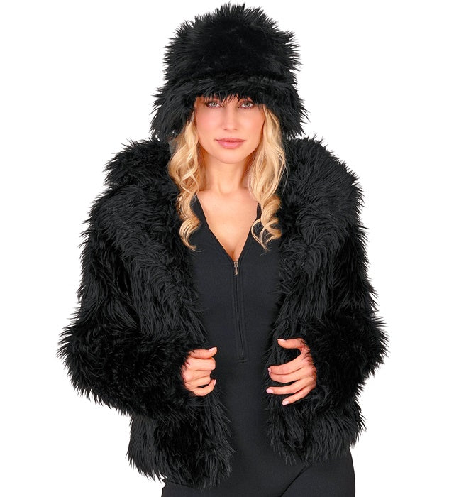 Schwarze Plüschjacke für Damen auf weißem Hintergrund