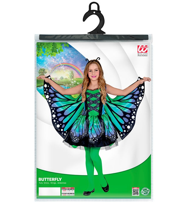 Schmetterlingskostüm mit Tutu, Flügeln und Antennen auf weissem Hintergrund