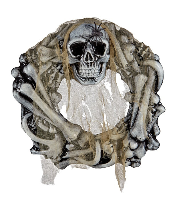 Totenkopf- und Knochenkranz mit schwarzer Spinne und Lumpenstoff, 50 cm Durchmesser