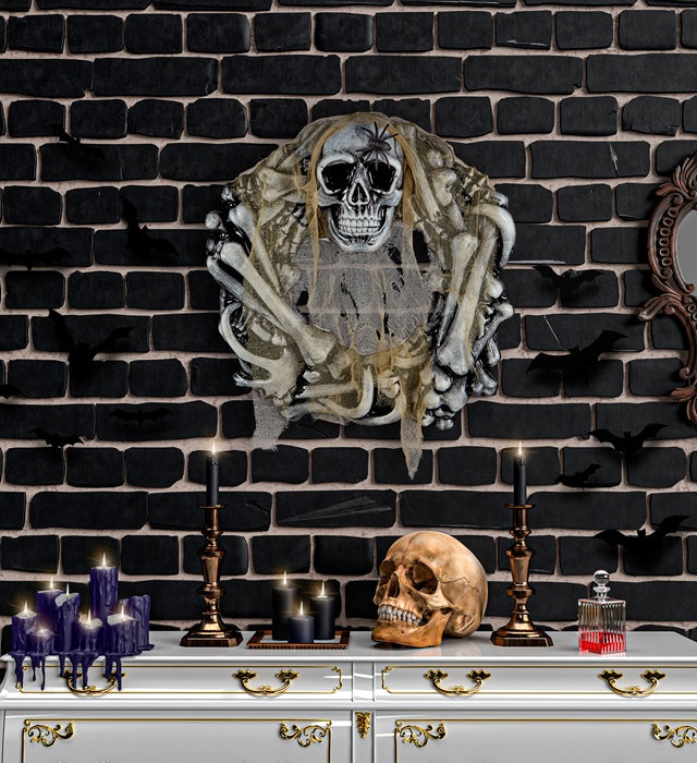 Totenkopf- und Knochenkranz mit schwarzer Spinne und Lumpenstoff, 50 cm Durchmesser