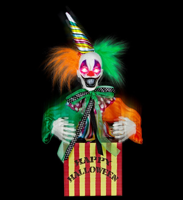 Springender Clown in Kiste mit roten LED-Augen und Zirkusmusik, 37 cm