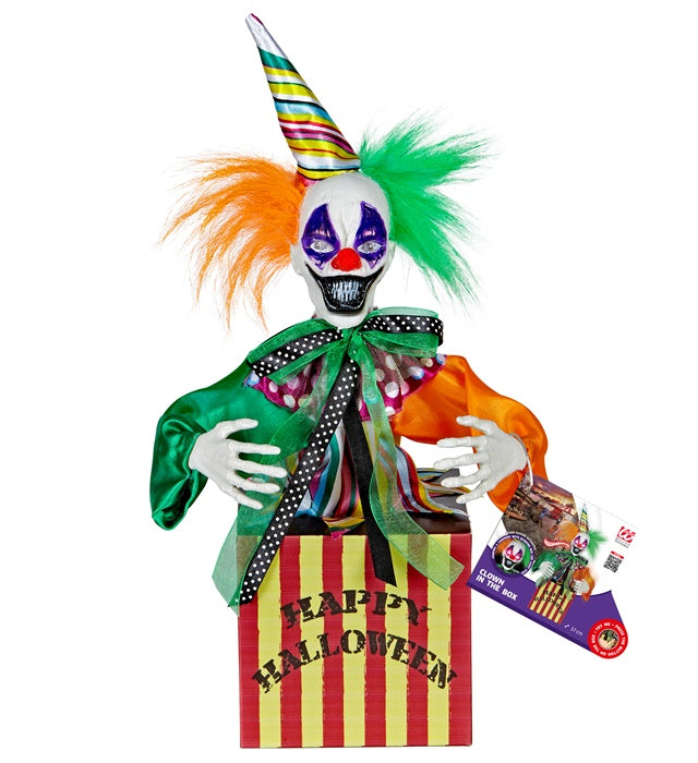 Springender Clown in Kiste mit roten LED-Augen und Zirkusmusik, 37 cm
