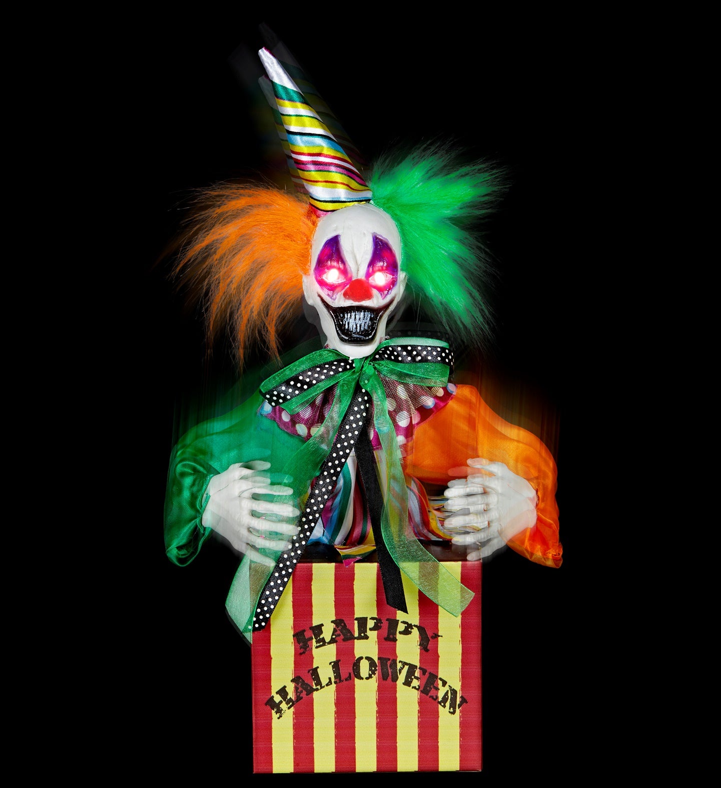 Springender und lachender Horror Clown in Kiste animiert 37cm