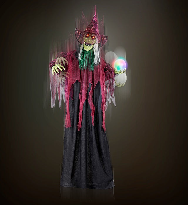 Animierte sprechende Hexe mit leuchtenden roten LED-Augen und farbwechselnder Wahrsagerkugel, 170 cm