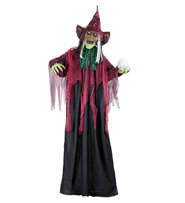 Animierte sprechende Hexe mit leuchtenden roten LED-Augen und farbwechselnder Wahrsagerkugel, 170 cm