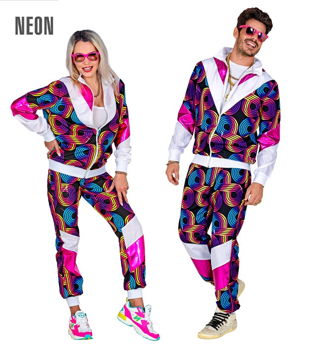 80er Jahre Disco Trainingsanzug mit buntem Oberteil und Hose im Retro-Stil