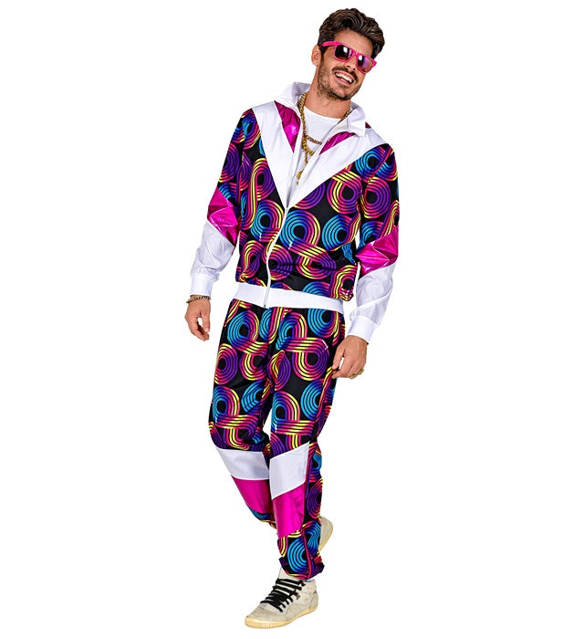 80er Jahre Disco Trainingsanzug mit buntem Oberteil und Hose im Retro-Stil