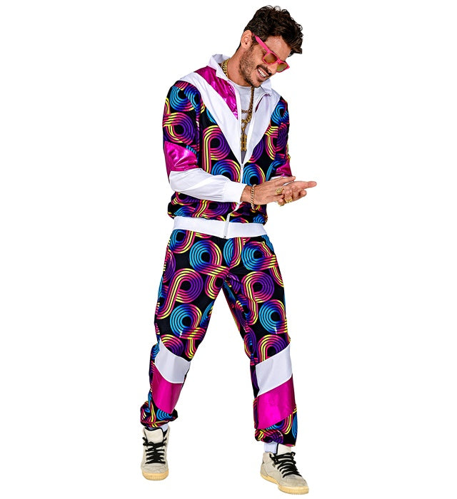 80er Jahre Disco Trainingsanzug mit buntem Oberteil und Hose im Retro-Stil