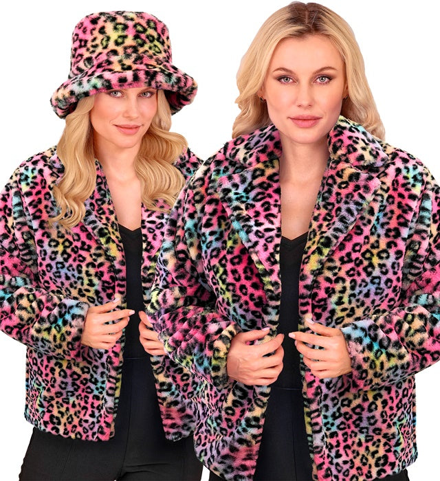 Damen Plüschjacke mit buntem Leopardenmuster in leuchtenden Farben