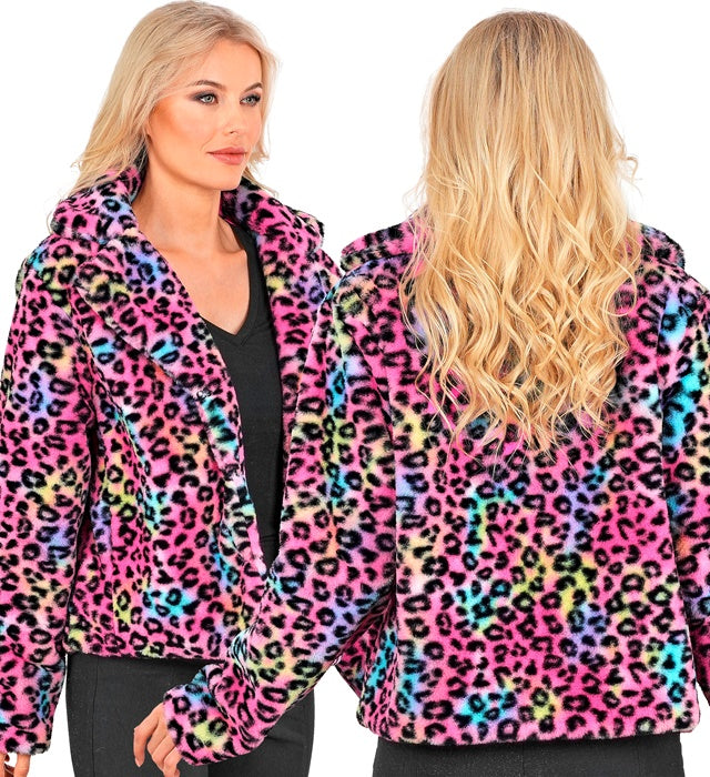 Damen Plüschjacke mit buntem Leopardenmuster in leuchtenden Farben