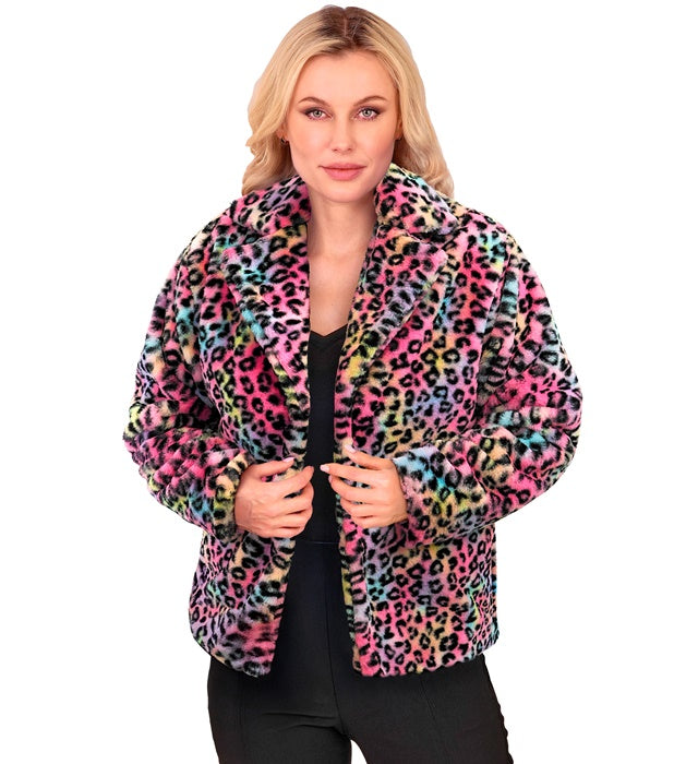 Damen Plüschjacke mit buntem Leopardenmuster in leuchtenden Farben