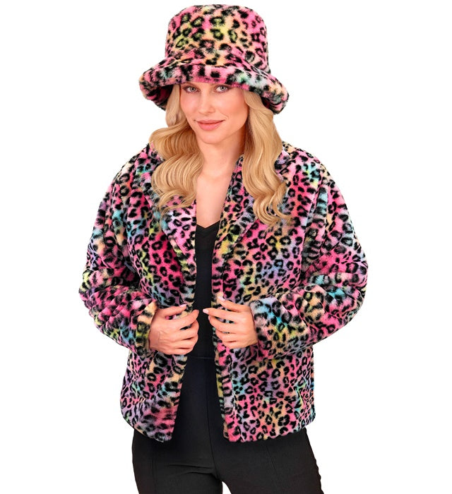 Damen Plüschjacke mit buntem Leopardenmuster in leuchtenden Farben