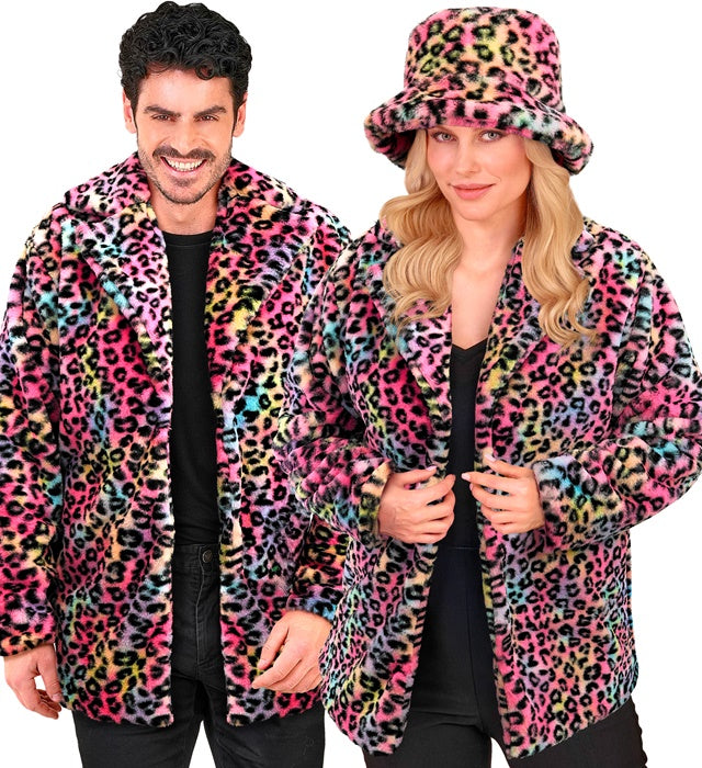 Bunte Plüschjacke mit Leopardenmuster für Fasnacht und Karneval