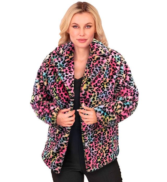 Bunte Plüschjacke mit Leopardenmuster für Fasnacht und Karneval