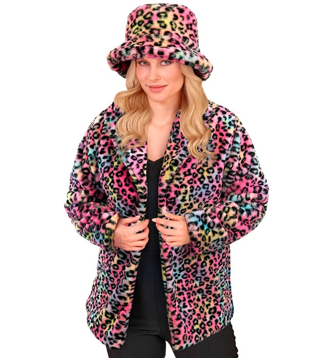 Bunte Plüschjacke mit Leopardenmuster für Fasnacht und Karneval