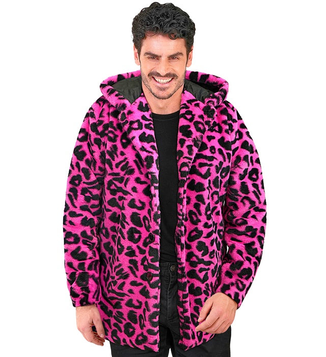 Neon pinker Plüschmantel mit Leopardenmuster und Kapuze auf weißem Hintergrund