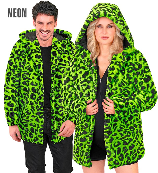 Neon grüner Plüschmantel mit Leopardenmuster und Kapuze für Fasnacht