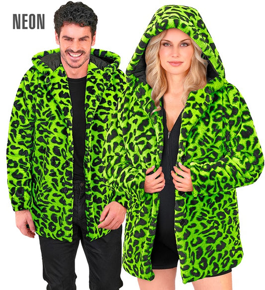 Neon grüner Plüschmantel mit Leopardenmuster und Kapuze für Fasnacht