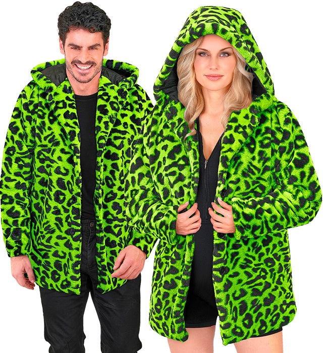 Neon grüner Plüschmantel mit Leopardenmuster und Kapuze für Fasnacht
