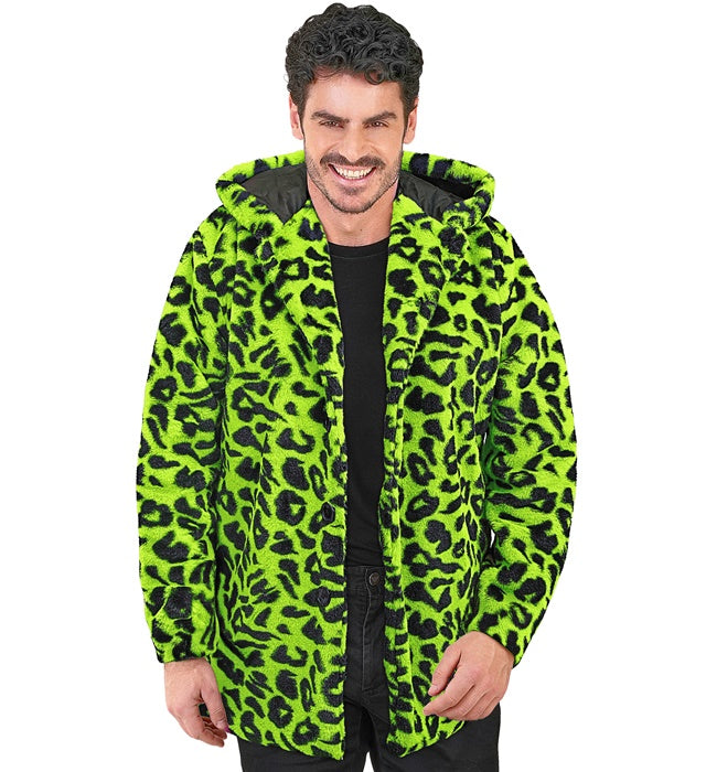 Neon grüner Plüschmantel mit Leopardenmuster und Kapuze für Fasnacht