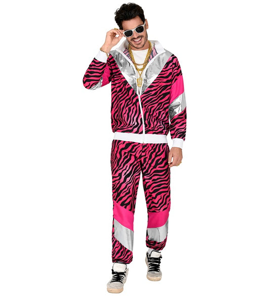 80er Jahre Trainingsanzug mit pinkem Tigerprint aus Oberteil und Hose