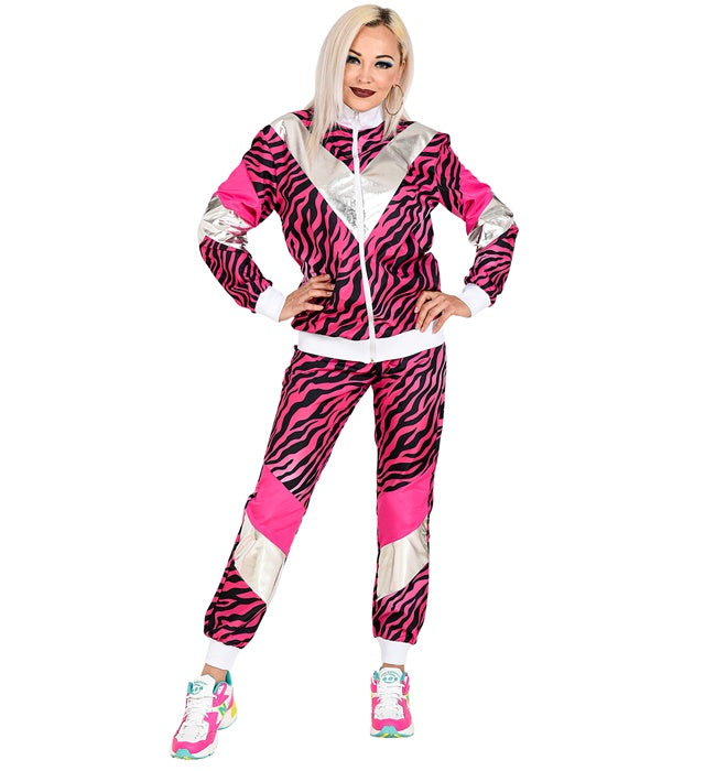 80er Jahre Trainingsanzug mit pinkem Tigerprint aus Oberteil und Hose