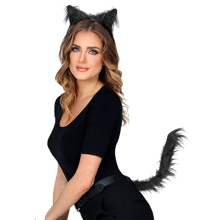 Schwarze Katzenohren mit Katzenschwanz als Fasnachtskostüm Zubehör
