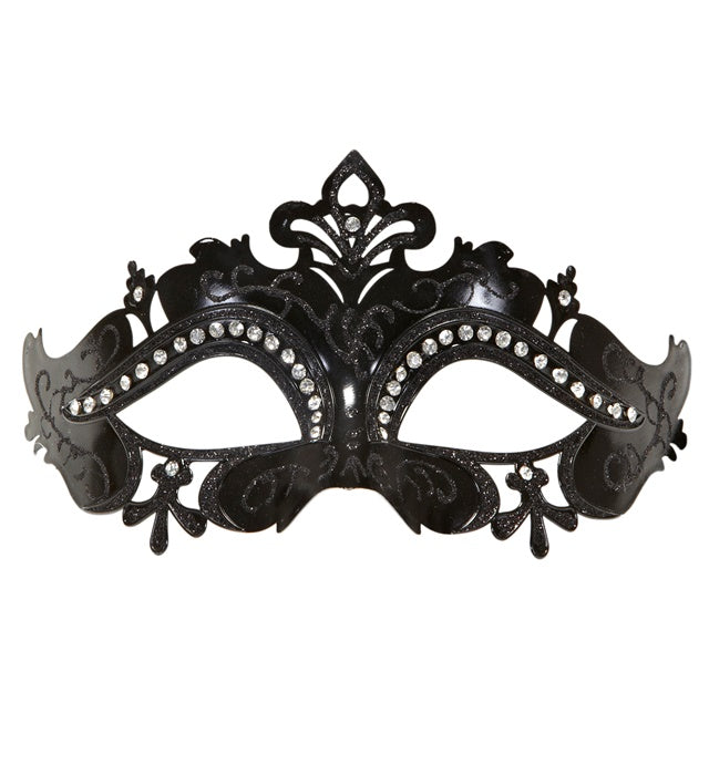 Schwarze venezianische Maske mit funkelnden Strasssteinen