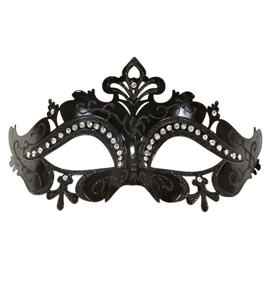 Schwarze venezianische Maske mit funkelnden Strasssteinen