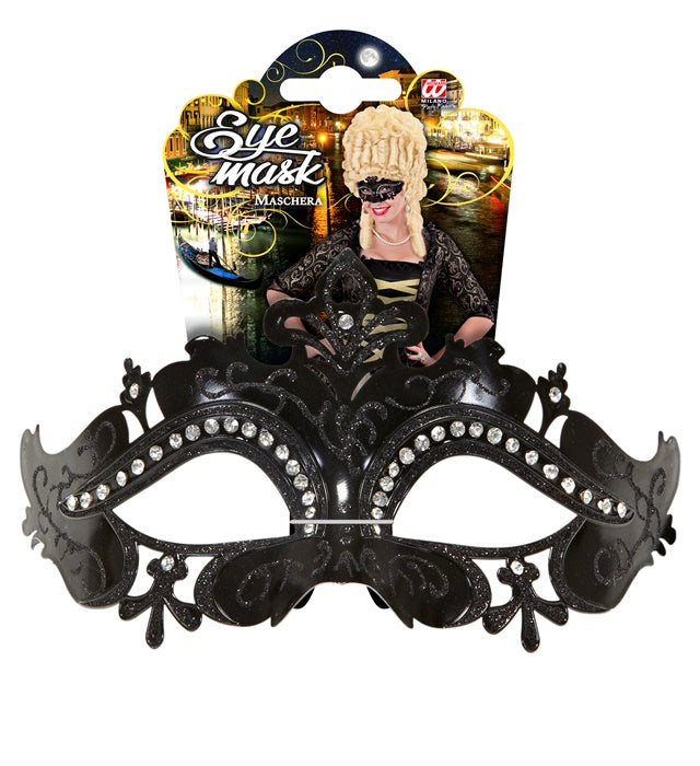 Schwarze venezianische Maske mit funkelnden Strasssteinen