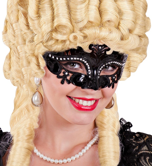 Schwarze venezianische Maske mit funkelnden Strasssteinen