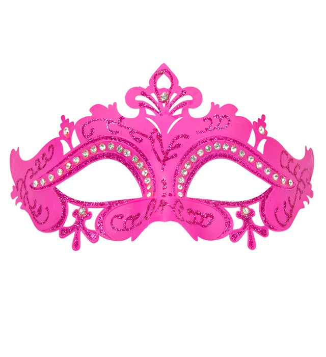 Venezianische Maske in Pink mit Strasssteinen auf neutralem Hintergrund