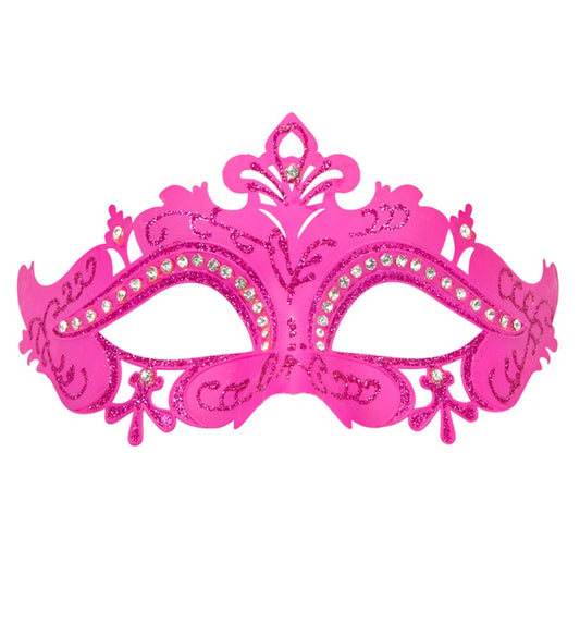 Venezianische Maske in Pink mit Strasssteinen auf neutralem Hintergrund