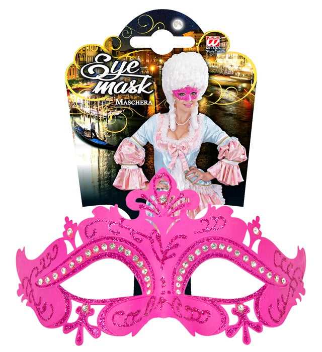 Venezianische Maske in Pink mit Strasssteinen auf neutralem Hintergrund