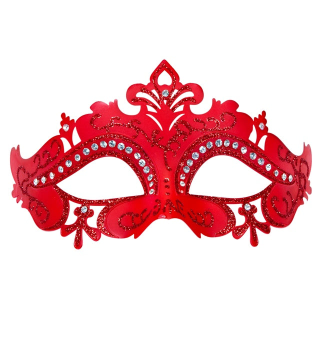Venezianische Maske in Rot mit funkelnden Strasssteinen für Fasnacht