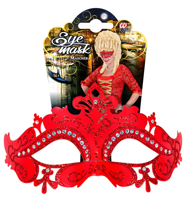 Venezianische Maske in Rot mit funkelnden Strasssteinen für Fasnacht