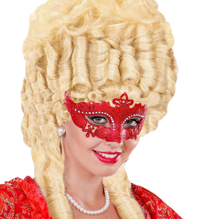 Venezianische Maske in Rot mit funkelnden Strasssteinen für Fasnacht