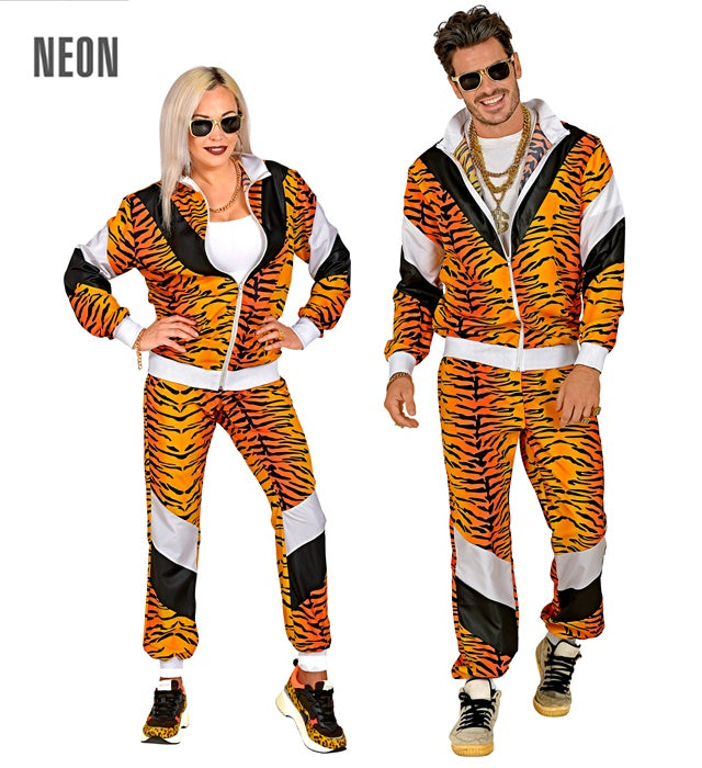 80er Jahre Tigerprint Trainingsanzug mit Oberteil und Hose im Retro-Stil