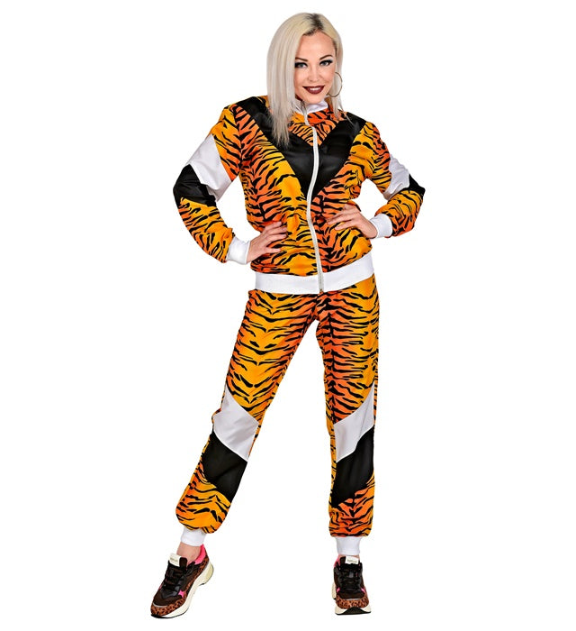 80er Jahre Tigerprint Trainingsanzug mit Oberteil und Hose im Retro-Stil