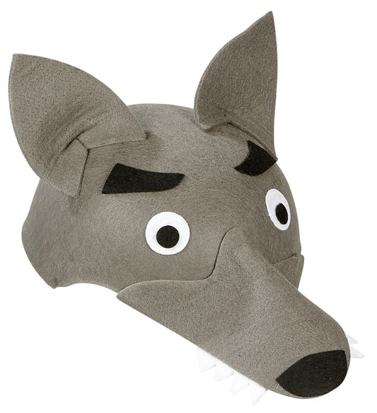 Wolfhut aus grauem Filz mit detailreichem Wolf-Design