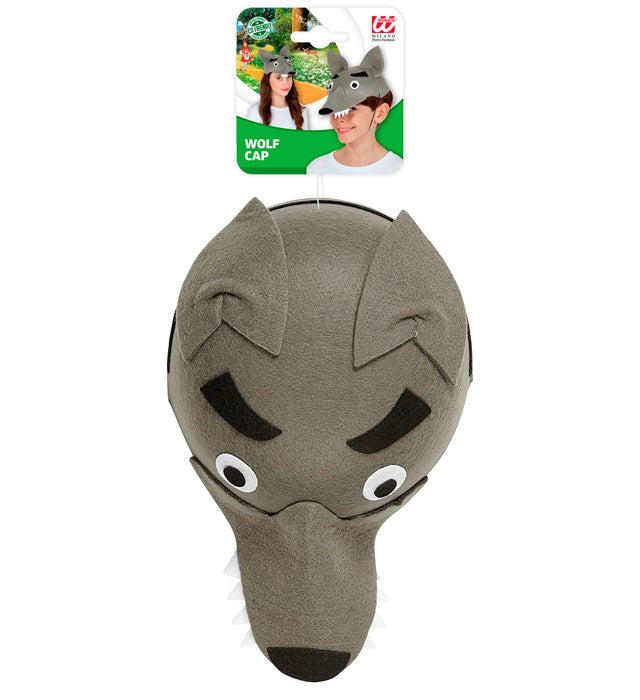 Wolfhut aus grauem Filz mit detailreichem Wolf-Design