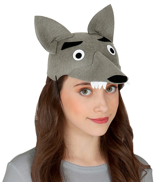 Wolfhut aus grauem Filz mit detailreichem Wolf-Design