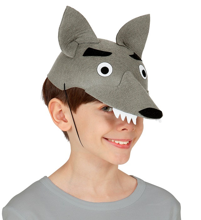 Wolfhut aus grauem Filz mit detailreichem Wolf-Design