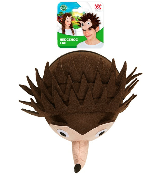 Igelhut aus braunem Filz mit Igel-Design auf weißem Hintergrund
