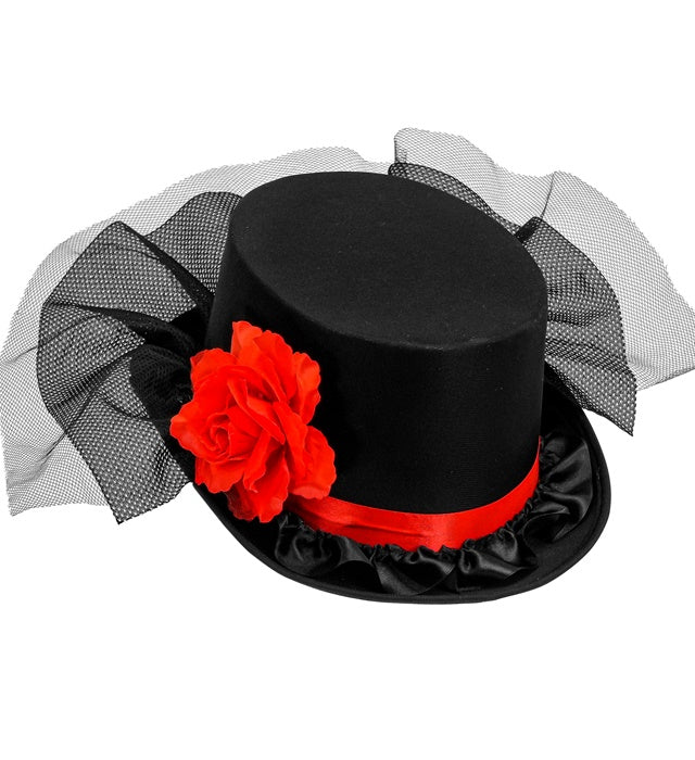 Zylinder 12 cm mit roter Rose und schwarzem Tüll als Fasnacht- und Halloween-Accessoire