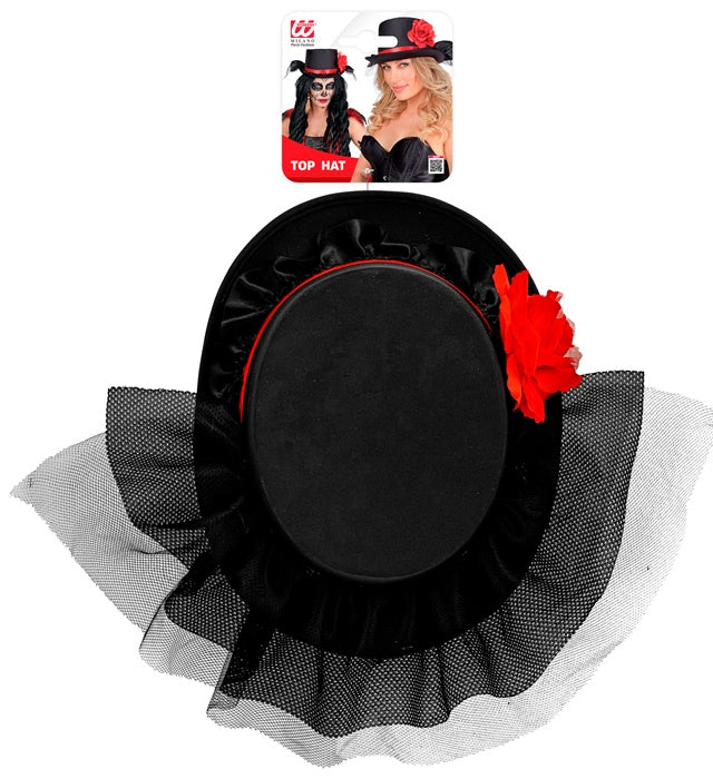 Zylinder 12 cm mit roter Rose und schwarzem Tüll als Fasnacht- und Halloween-Accessoire