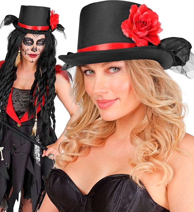 Zylinder 12 cm mit roter Rose und schwarzem Tüll als Fasnacht- und Halloween-Accessoire