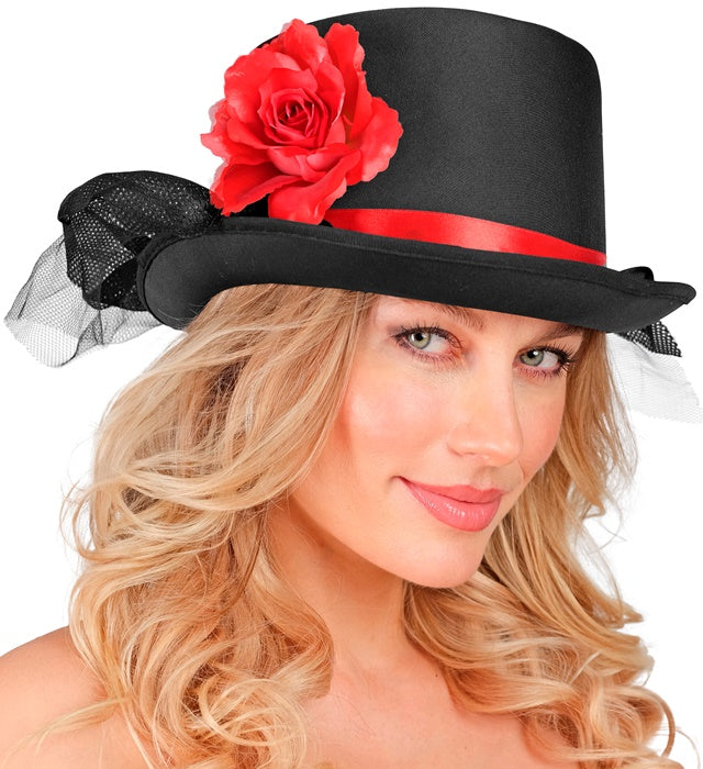 Zylinder 12 cm mit roter Rose und schwarzem Tüll als Fasnacht- und Halloween-Accessoire