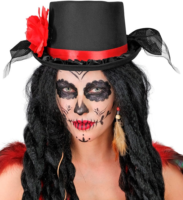 Zylinder 12 cm mit roter Rose und schwarzem Tüll als Fasnacht- und Halloween-Accessoire
