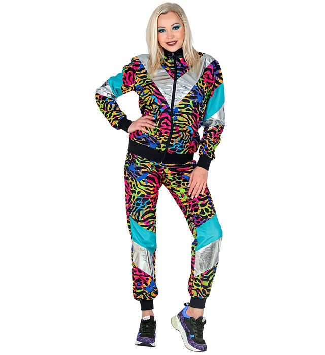 80er Jahre Party Animal Trainingsanzug mit Oberteil und Hose in buntem Retro-Design